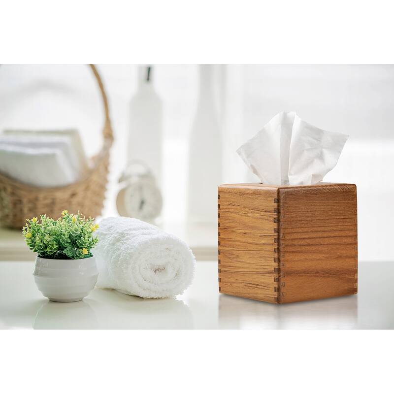 Teak Tissue Box Cover - 5-1/4" W x 5-5/8" H x 5-1/4" D - 5-1/4" W x 5-5/8" H x 5-1/4" D