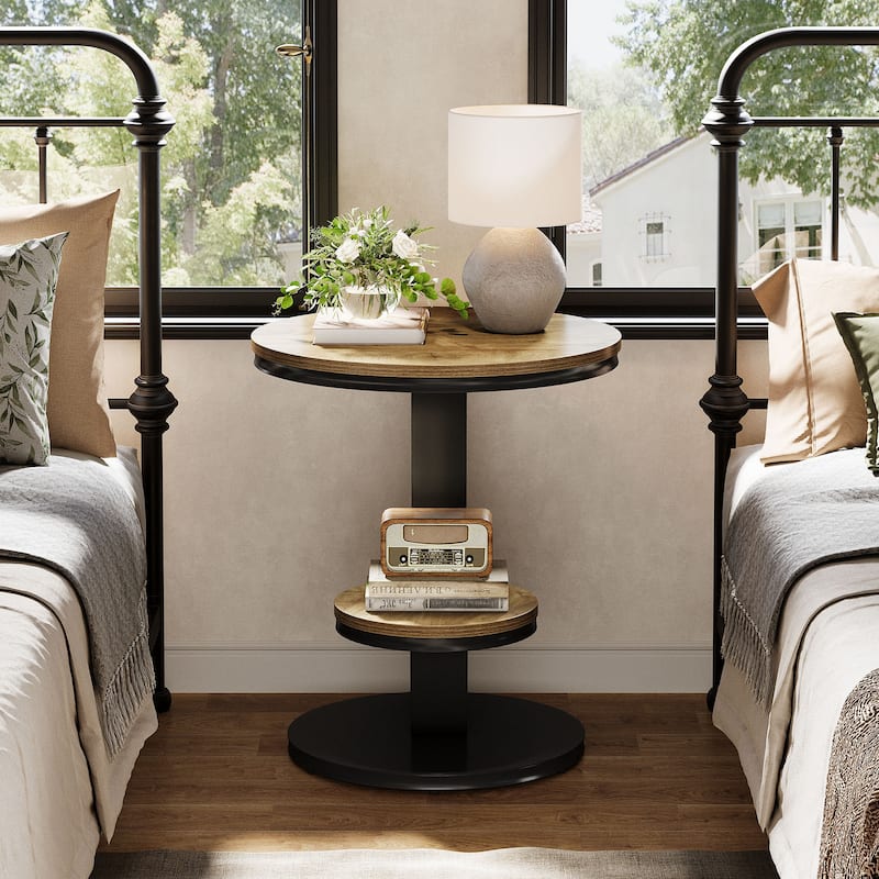 Round End Table, 2 Tiers Side Table with Storage Shelf