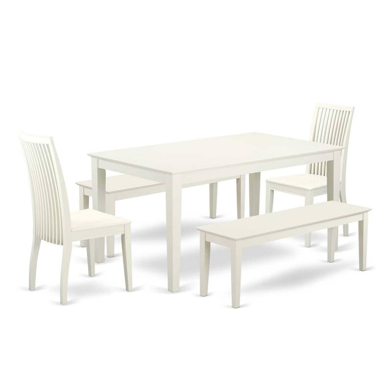 HomeStock 5-Piece Rectangle Linen White Finish Solid Wood Top Dining Table with 2 Benches, 2 Chairs with Lattice Back