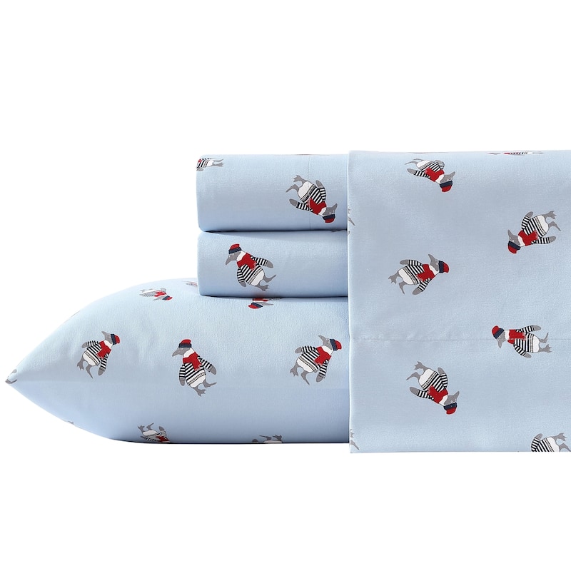 Nautica Cozy Brushed Flannel Printed Sheet Sets - Twin - Penguin Toss Blue
