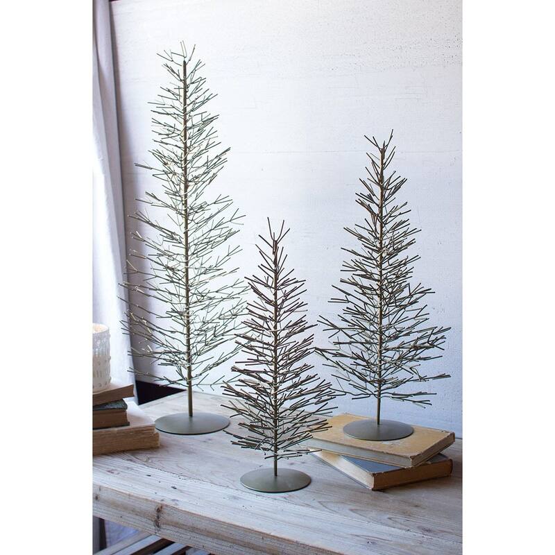 Set of 3 Green and Brown Christmas Brass Wire Trees