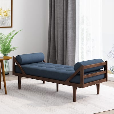 Navy Blue Modern 65" Button Tufted Chaise Lounge Chair with Bent Wood Desing and Rolled Accent Pillows