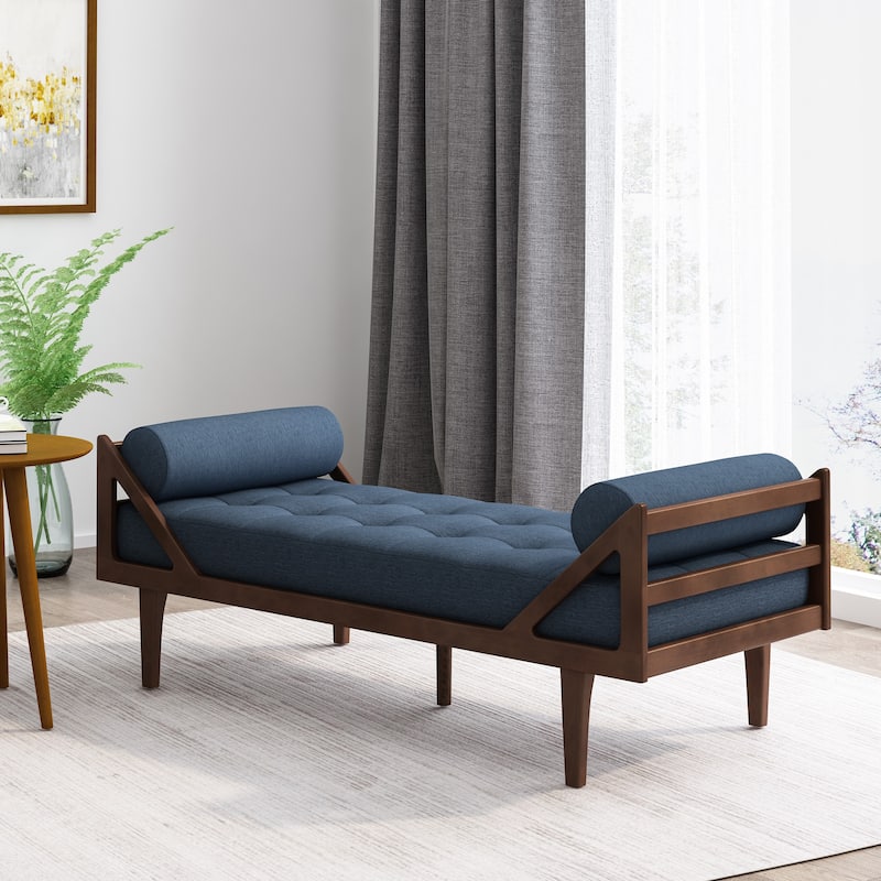 Rayle Tufted Chaise Lounge with Pillows by Christopher Knight Home - 65.00" W x 27.75" D x 23.75" H - Navy Blue + Dark Brown