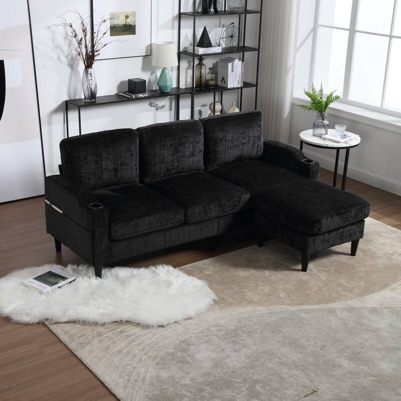 Modular Sectional Sofa with Storage Ottoman, Comfy Chenille Fabric Sofa, 3-Seater Sofa with Side Pockets & 2 Cup Holders