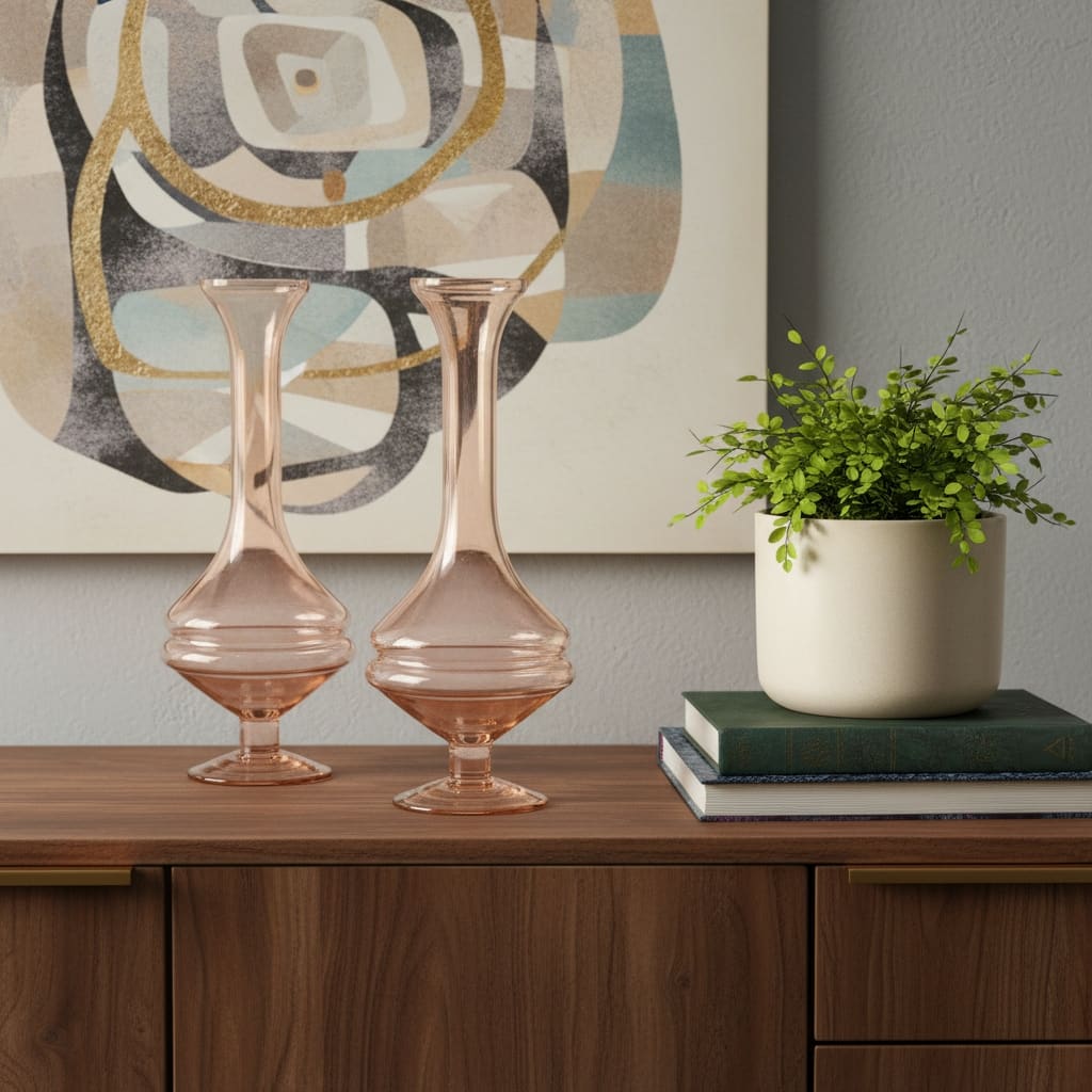 Set of Two 9" Pink Glass Trumpet Table Vases - 3.50