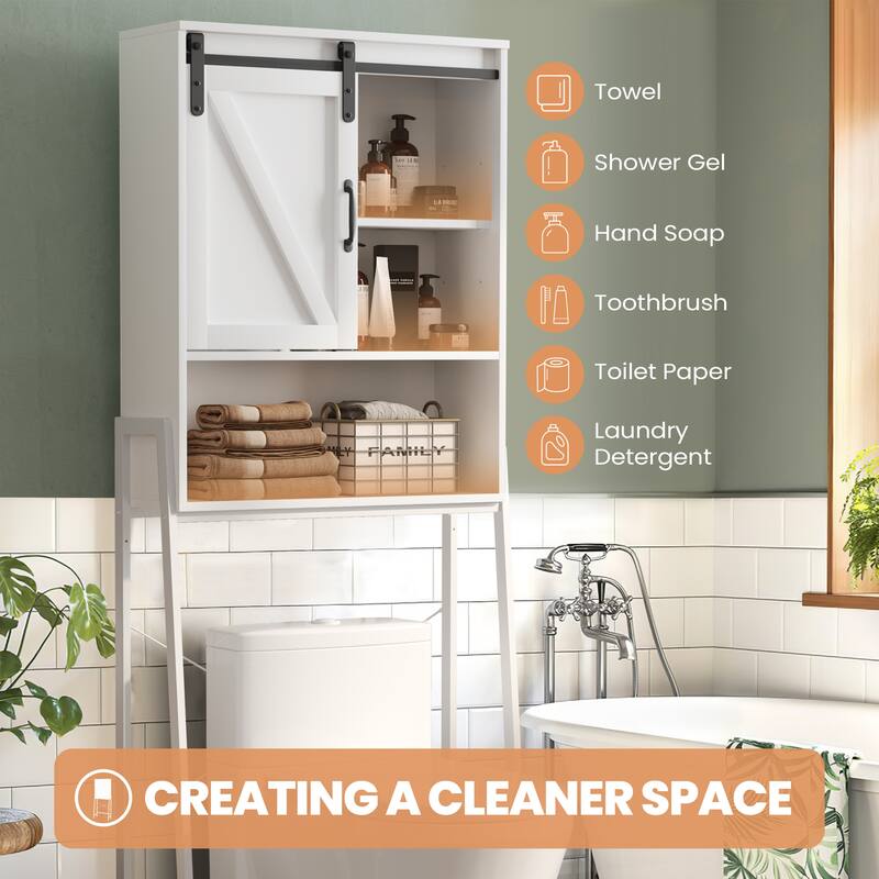Over The Toilet Storage Cabinet, Bathroom Organizer with Sliding Barn Door & Adjustable Shelves, Storage Rack - See Picture