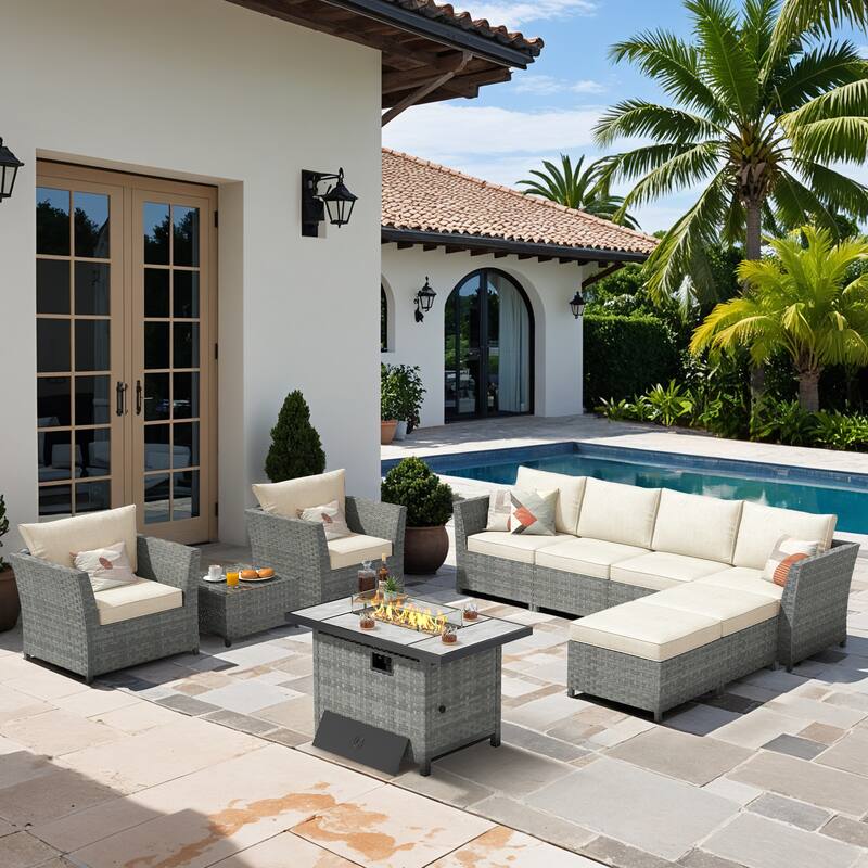 XIZZI 10-piece Outdoor Furniture Rattan Wicker Sectional Sofa with Fire Pit - Beige