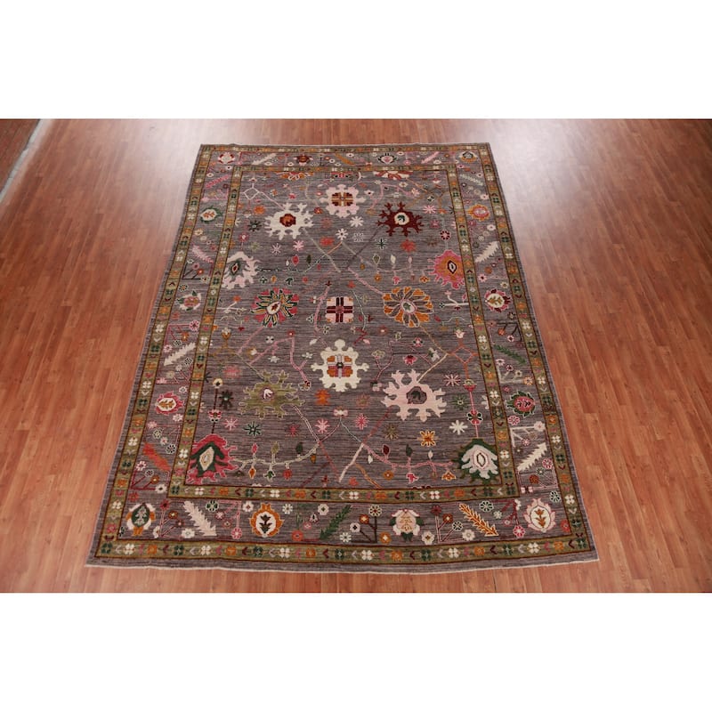 Hand Knotted Oriental 100% Wool Carpet Transitional All-Over Brown Oushak Area Rug - 12' 4'' X 9' 0''