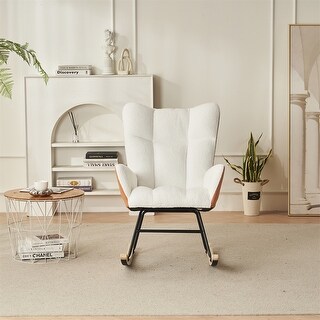 Solid Wood Legs Rocking Chair Nursery with Teddy Fabric Upholstered ...