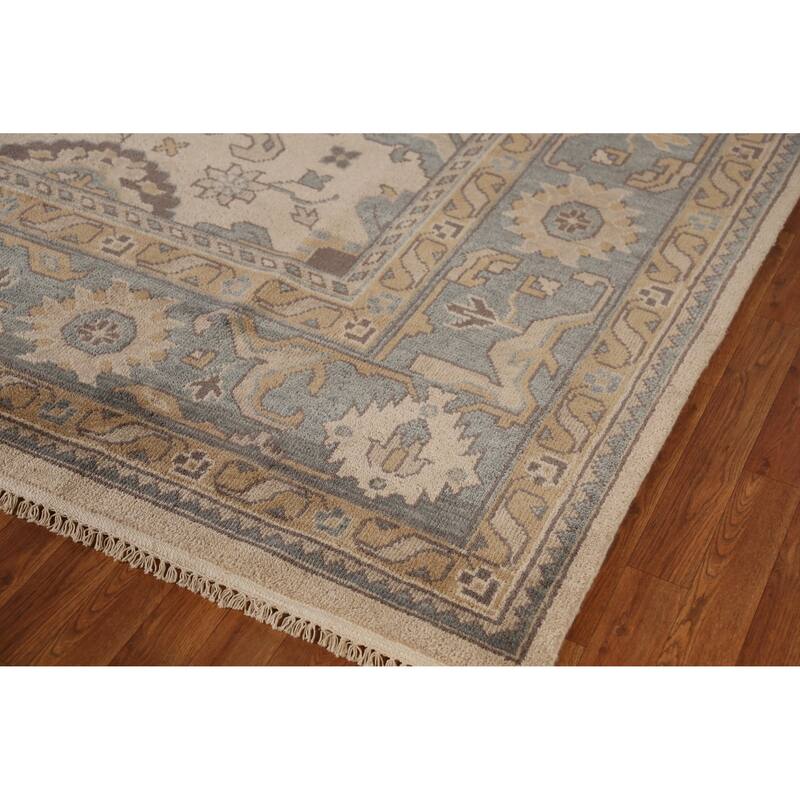 Earth Tone Geometric Oushak Indian Area Rug Handmade Wool Carpet - 9'3" x 11'11"