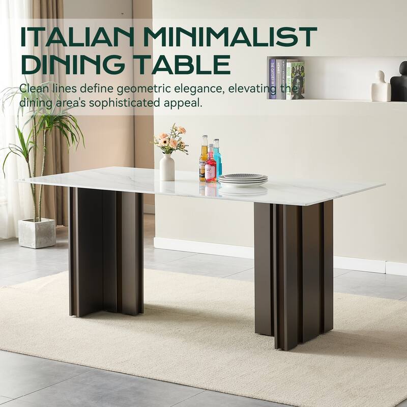 69 Inch Rectangular Dining Table with Marble Texture Glass Top for 4-6 People