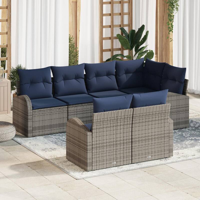 vidaXL 7 Garden Sofa Set with Cushions Black/Brown/Grey Poly Rattan - 92.1 x 48.8 x 27.2 - Grey