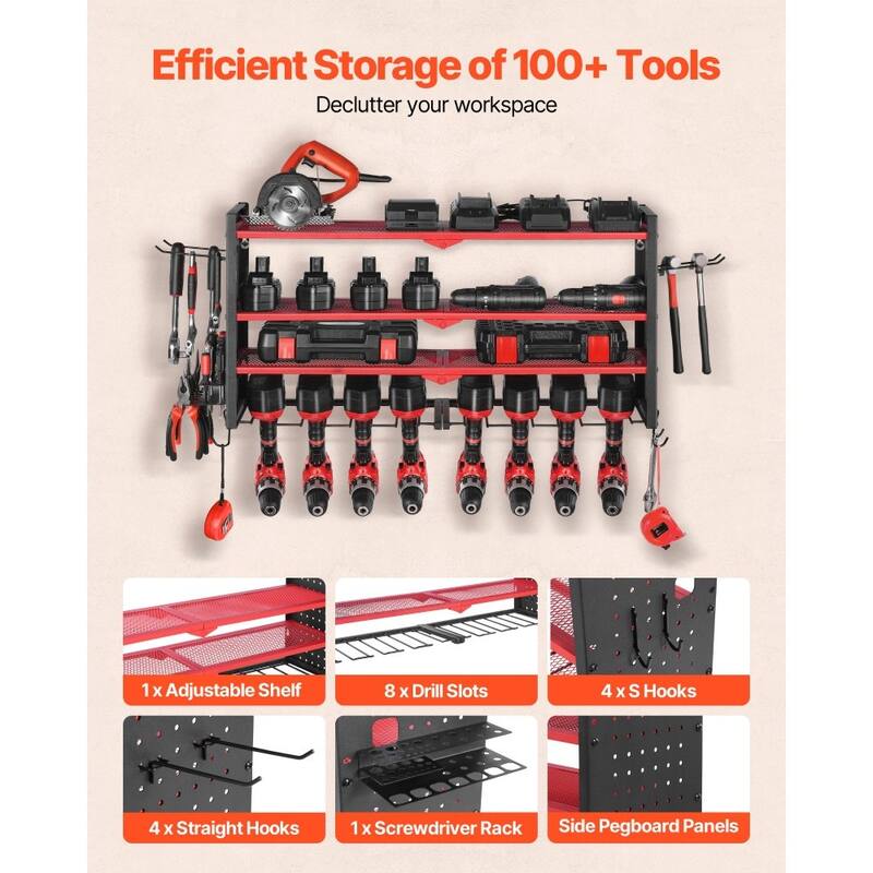 4-Tier Wall Mounted Tool Rack with 8 Drill Slots and Adjustable Shelf Pegboard Organizer - 32.87” x 8.66” x 16.54”