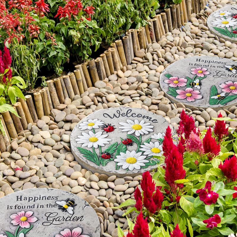 Glitzhome 2-Piece Cement Flower Textured Stepping Stones Garden Decor - 10 in