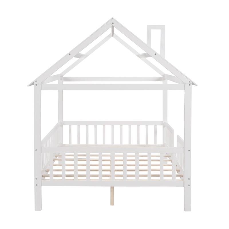White Full Size Wooden House Bed with Fence and Roof