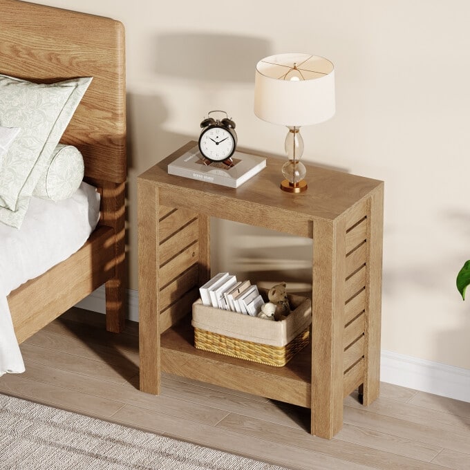 2-Tier Narrow End Table, Wooden Side Table For Living Room, Bedroom - 1PC