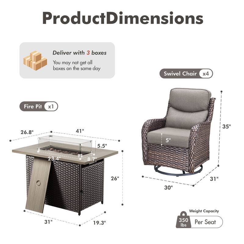 Meyreso 5-Piece Outdoor Patio Wicker Fire Pit 4 person Conversation Set with 5-Inch Thick Cushions