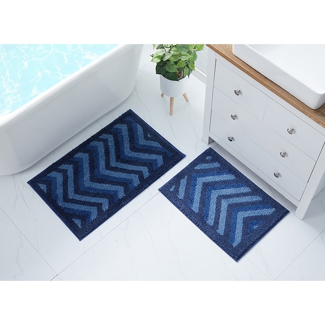 Clara Clark Non Slip Shaggy Bath Rug Set - Chevron Design Ultra Soft Bathroom Mat - 2 Piece Set - Blue