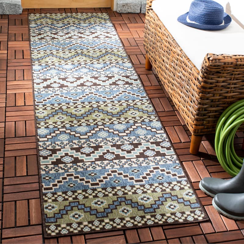 SAFAVIEH Veranda Rudy Indoor/ Outdoor Waterproof Patio Backyard Rug - 2'3" x 8' Runner - Blue/Creme