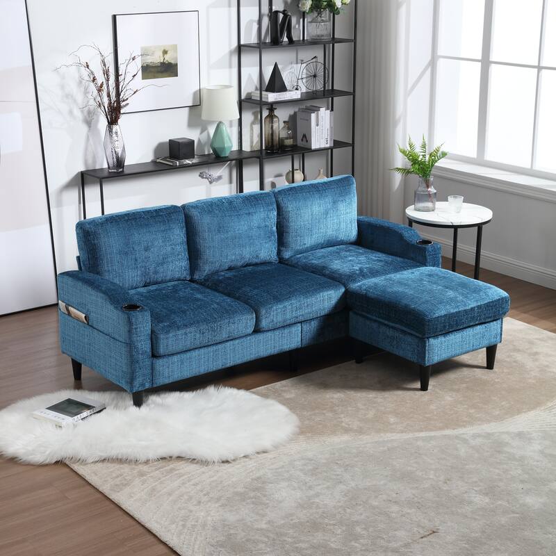 Modular Sectional Sofa with Storage Ottoman, Comfy Chenille Fabric Sofa, 3-Seater Sofa with Side Pockets & 2 Cup Holders