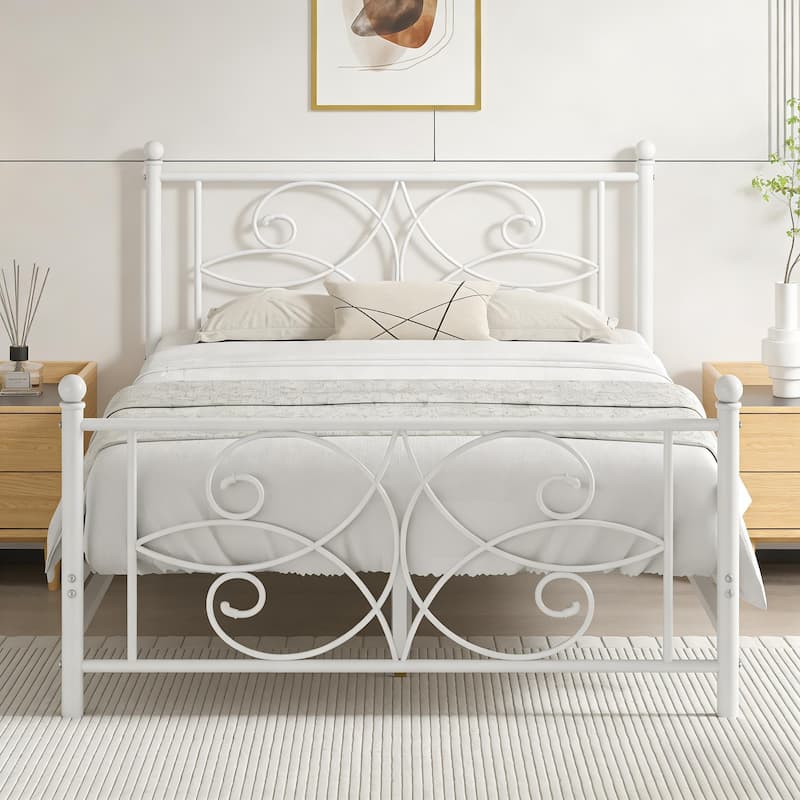 VECELO Metal Bed Frame with High Headboard and Footboard Platform Beds with Heavy Duty Mattress Foundation - White - Queen