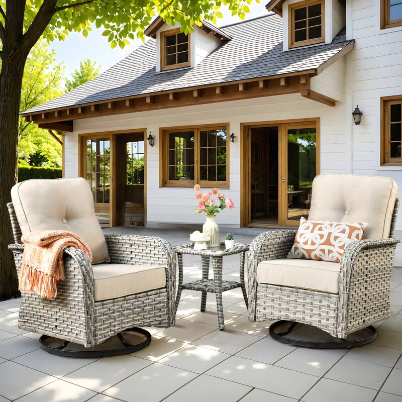 OVIOS 10 Pieces Outdoor Wicker Swivel Chair Set With Solar-Powered Coffee Table