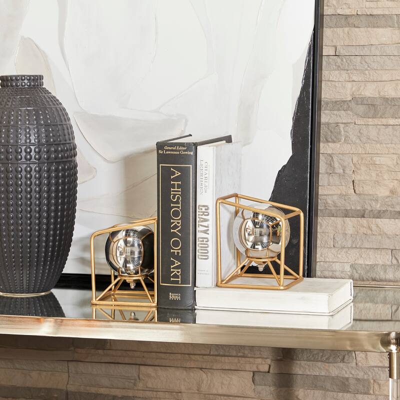 Stainless Steel Metal Geometric Orb Bookends with Gold Base - Set of 2 Silver - CosmoLiving by Cosmopolitan - 5"W x 5"L x 6"H