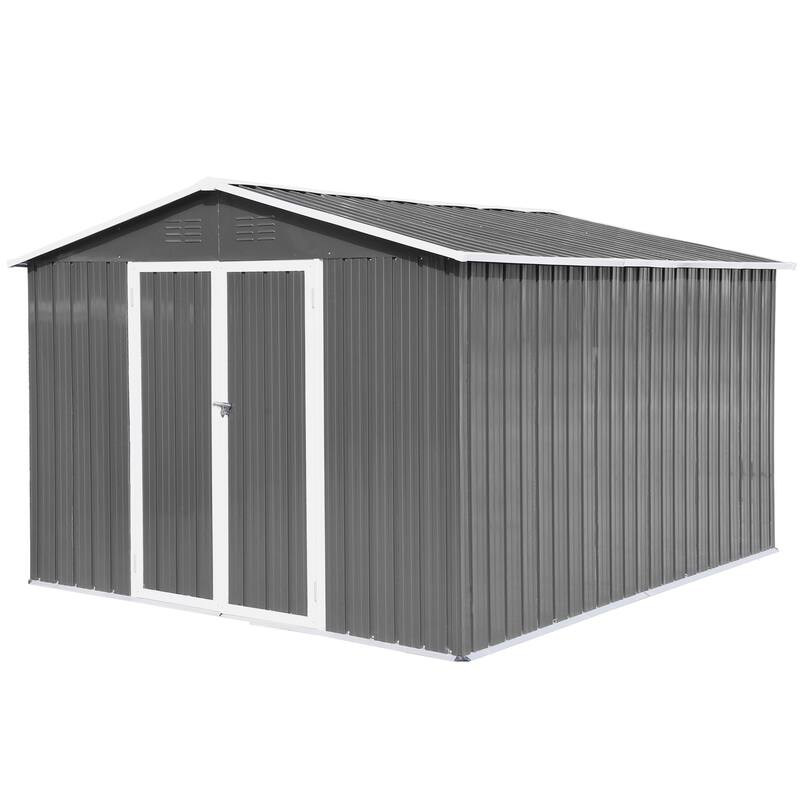 10x8 FT Outdoor Metal Garden Shed, Galvanized Steel Large Storage Sheds with Lockable Doors, Tool House with Pitched Roof - 10x8ft