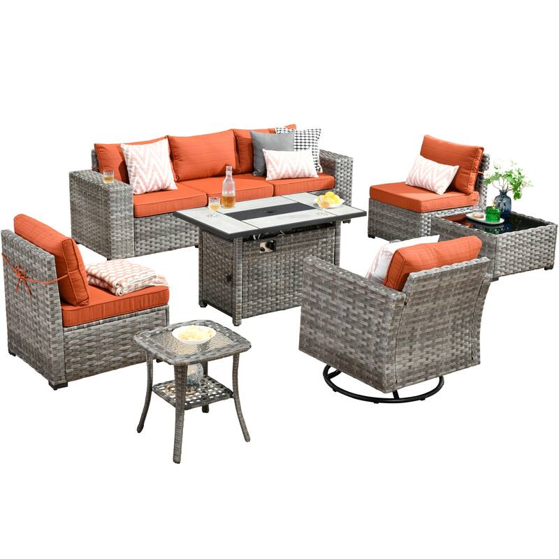HOOOWOOO 9-piece Wicker Outdoor Modular Wide Armrest Sectional Set Fire Pit Set