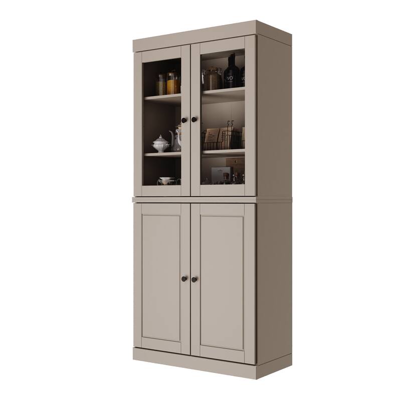 Palace Imports Solid Wood Pantry Cabinet, Raised Panel & Clear Glass Doors, 2 Drawers, Adjustable Shelves
