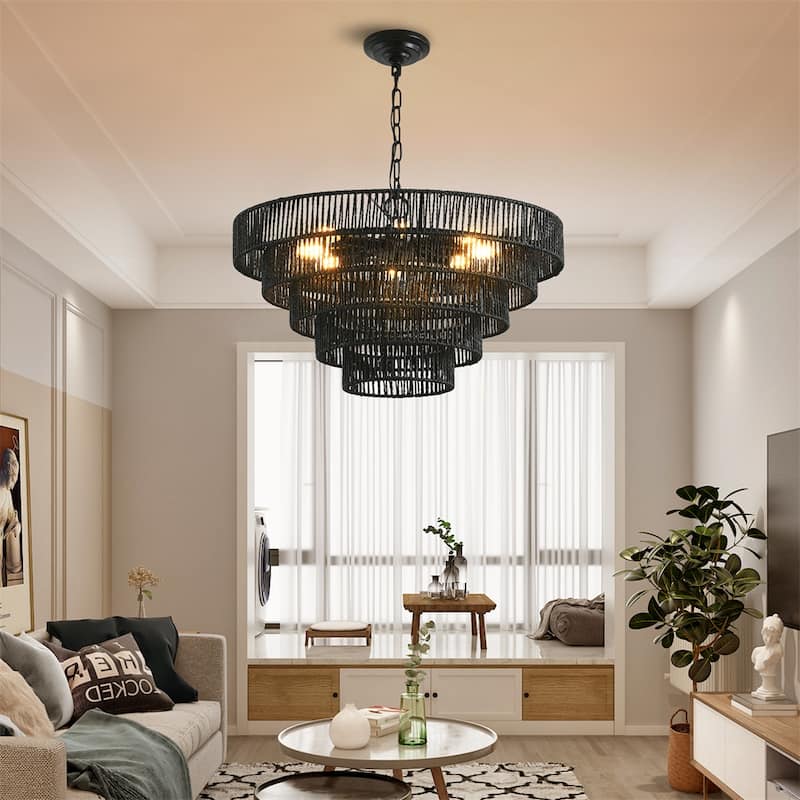 24" Rustic 5-Tier Black Hemp Rope Pendant Light Chandelier,No Bulb