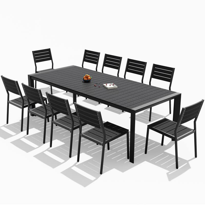 11-Piece Outdoor Patio Dining Set Wood Like Table Top Aluminum Rectangular Umbrella Hole Table with Stackable Chairs