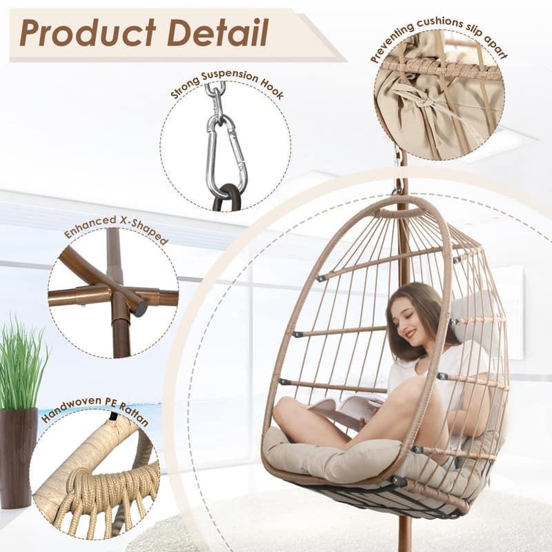 FINCATI Outdoor Oversized Luxury Hanging Egg Chair with Stand, 350 lbs Indoor Egg Swing Chair with Stand, Egg Chair Outdoor