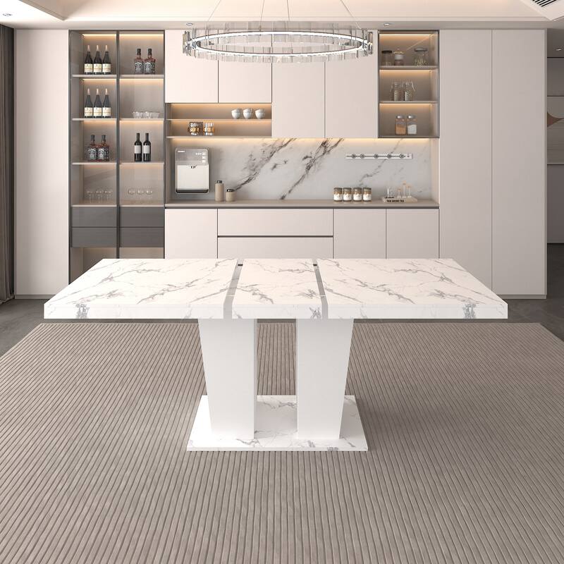 Extendable Dining Room Table, Wooden Kitchen Table with Double Pedestal Base, Large Meeting Table Home Office Table