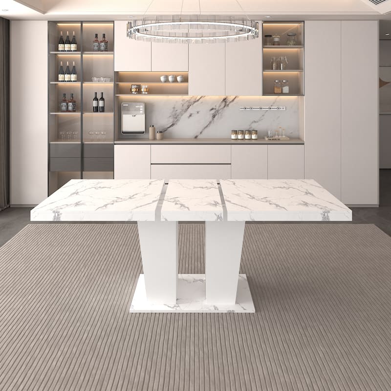Wood Extendable Dining Table for 6-10 Person, Large Rectangle Expanding Dining Table with Black Double Pedestal Base - White Marble