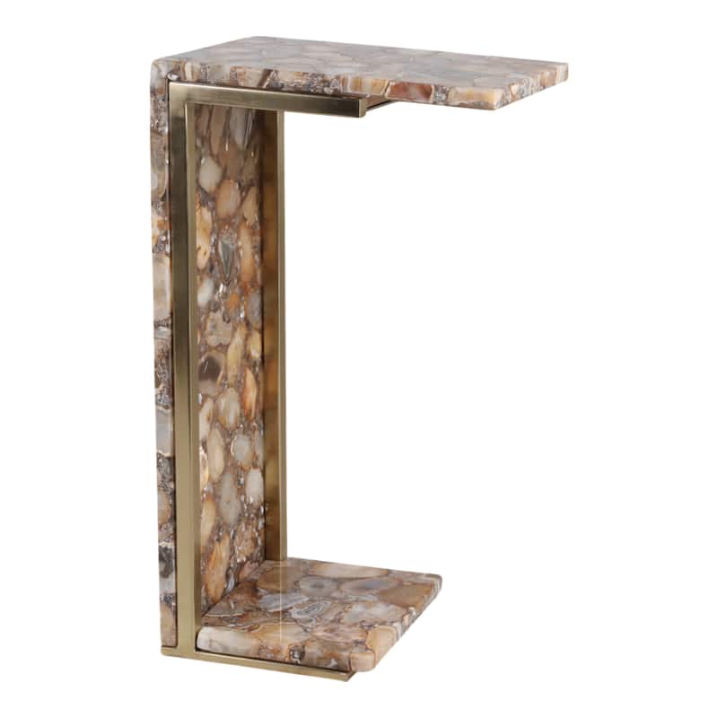Stone Metal Accent Table Modern C-Shape Glam Finish - 25" Brown - 14" x 10" x 24.75"