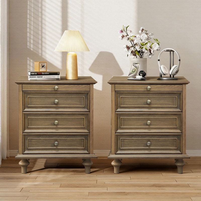 Traditional 3-Drawer Nightstands with Pull-Out Shelf and Solid Wood Legs