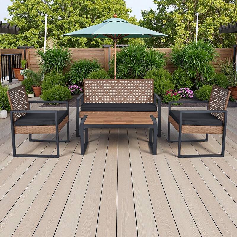 4-Piece Outdoor Patio Rattan Conversation Sofa Set with Acacia Wood Coffee Table and 2 Armchairs - Brown