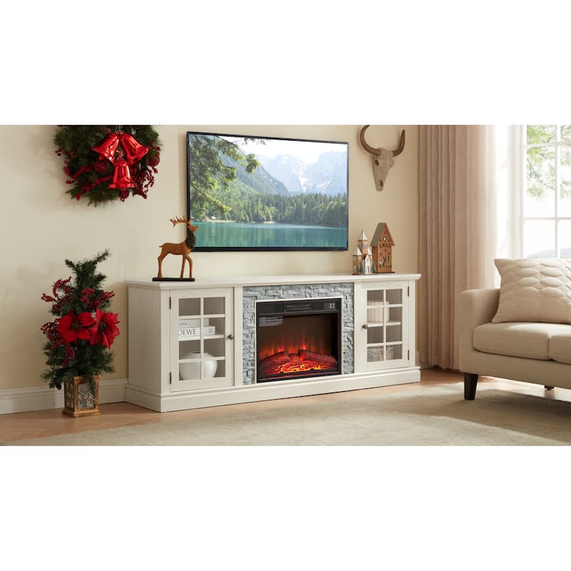 Fireplace TV Stand with 23" Electric Fireplace, Faux Stacked Stone Surround Media Cabinet TV Console for TVs up to 75"