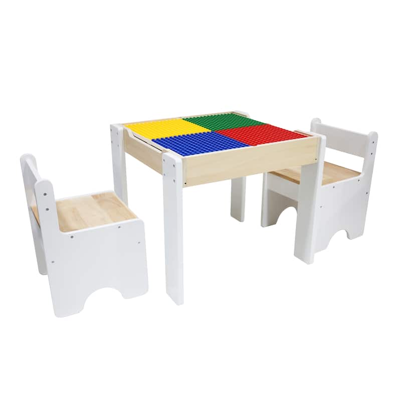 Teamson Kids Wooden Multi-Activity Table with Dry-Erase & Building Block Surface Play Table & Chairs for Toddlers & Kids Room - White