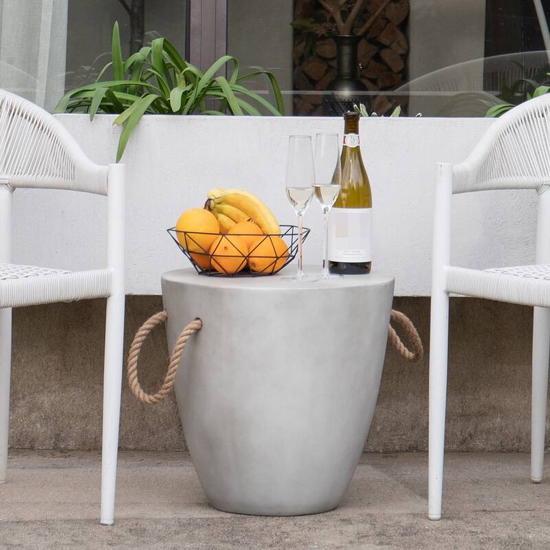 COSIEST Outdoor Lightweight Concrete Side Table w Hemp Rope Handles - 2pc - Round-LightGrey