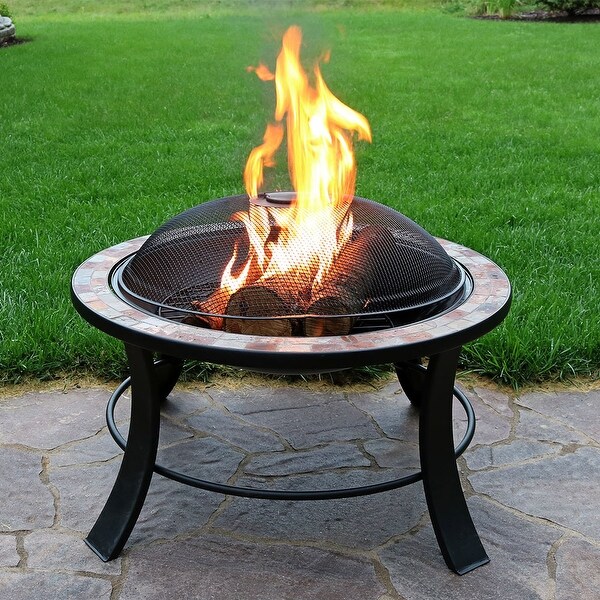 Sunnydaze 30-Inch Natural Slate Fire Pit Table with Spark Screen - Wood Burning