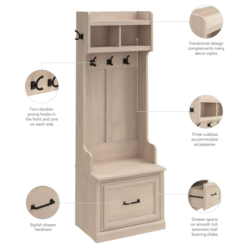 Woodland Hall Tree and Small Shoe Bench with Drawer by Bush Furniture