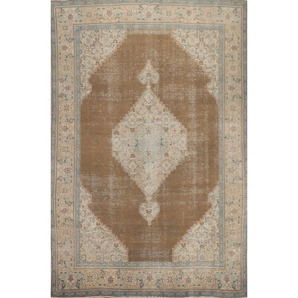 Hand Knotted Oriental 100% Wool Carpet Traditional Medallion Brown Tabriz Area Rug - 10' 11'' X 7' 9''