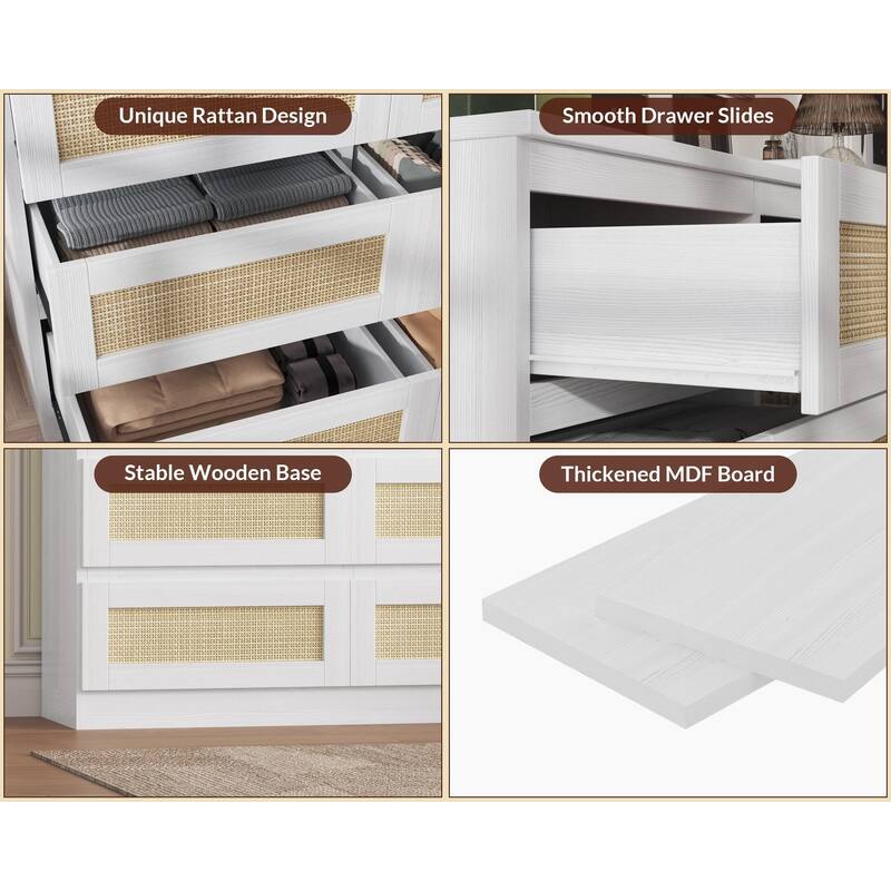 6/8 Drawer Rattan Dresser for Bedroom, Double Wood Chest of Drawers for Closet, Nightstand, TV Stand