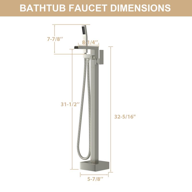 Freestanding Bathtub Faucet Waterfall Tub Filler Brushed Nickel Floor Mount Brass Bathroom Faucets with Hand Shower