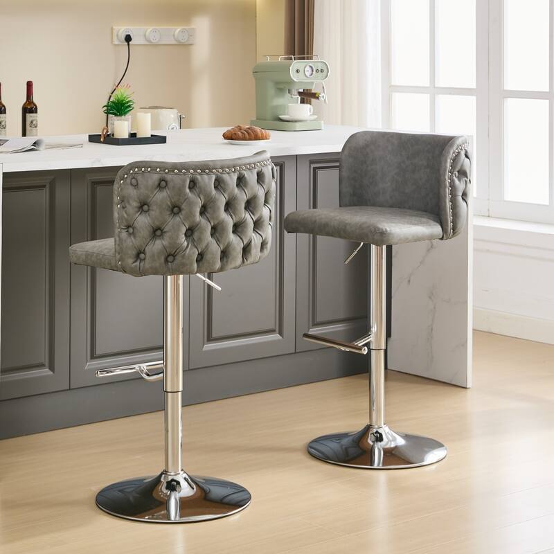 Set of 2 Modern Leather Upholstered Swivel Adjustable Height Tufted Bar Stools with Back