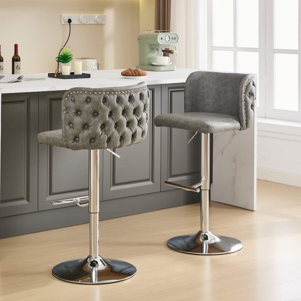 Swivel Barstools Adjusatble Seat Height With Chrome Base, Modern PU Upholstered Bar Stools with the whole Back Tufted,Set of 2