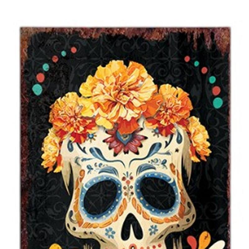 HomeRoots 72" Black Gold And Orange Solid Wood Bienvenidos Skull Porch Sign