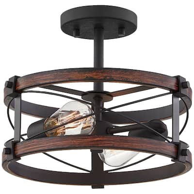 2-Light Black and Vintage Wood Rustic Semi-Flush Mount Ceiling Light - 15 in. W